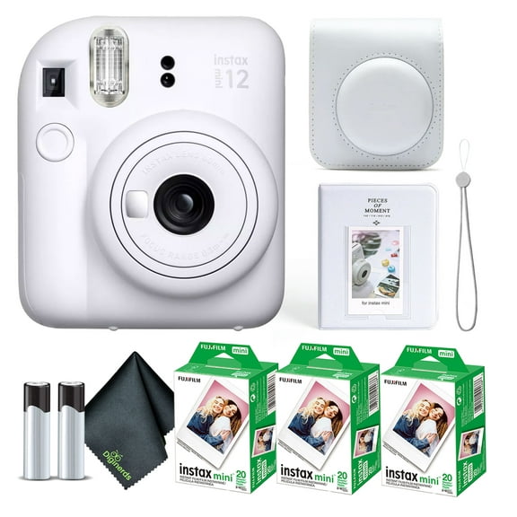 Fujifilm Instax Mini 12 Instant Camera Clay White Bundle with Fuji Instax Mini Film Value Pack (60 Sheets) Protective Carrying Case Photo Album Microfiber Cleaning Cloth
