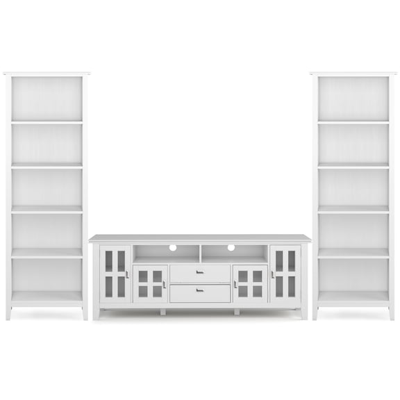 Simpli Home Artisan Solid Wood Contemporary 72 inch Wide TV Stand with Two 26 inch Wide 5 Shelf Bookcases in White (Set of 3)