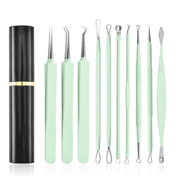 10-Piece Green Blackhead & Acne Extraction Tool Kit - Precision-Designed Carbon Steel Blemish Removers with Anti-Slip Handles for Effective Skin Cleansing, Includes Aluminum Storage Case for