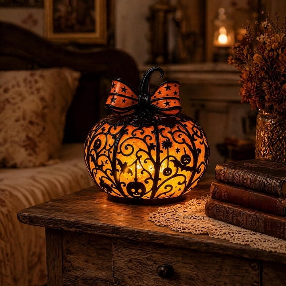 Tiffany Style Stained Glass Pumpkin Lamp, Halloween LED Jack-O-Lantern Lantern,Orange Accent Night Light, Gothic Bedside Table Lamp for Indoor Home Decor