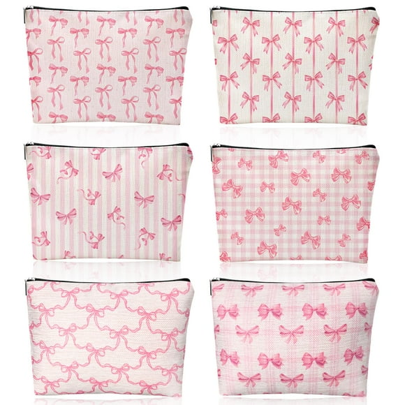 Bolsa de maquillaje Kacctyen Coquette Bow de lino rosa, paquete de 6 unidades, 25 x 18 cm