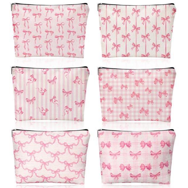 Bolsa de maquillaje Kacctyen Coquette Bow de lino rosa, paquete de 6 unidades, 25 x 18 cm