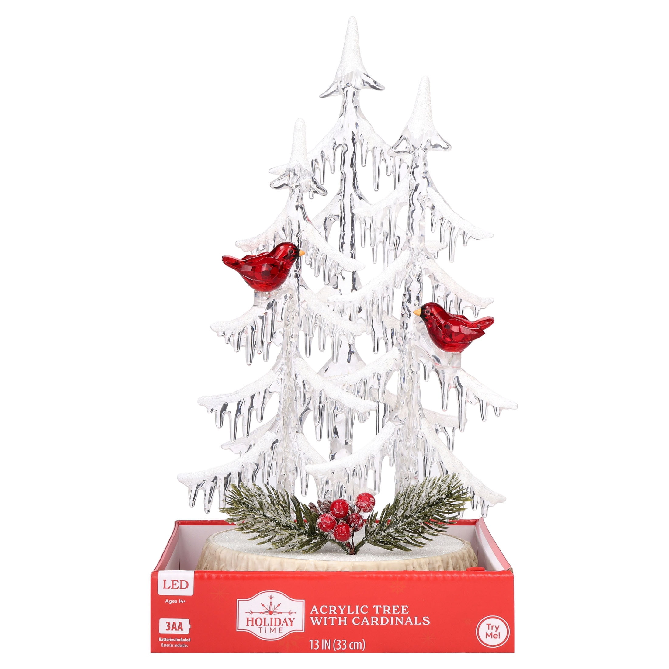 Light-Up Acrylic Icicle Tree with Cardinals Christmas Decoration, Clear and Red, 13", by Holiday Time
