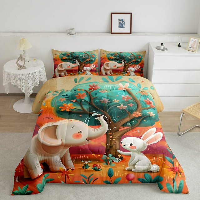 YST Elephant Rabbit Bedding Set Queen For Toddler Funny Wild Animal Comforter Set Rainbow Flower Floral Bedding Comforter Sets Cartoon Graffiti Quilt Set Hippie Tree Of Life Quilted Duvet,3pcs
