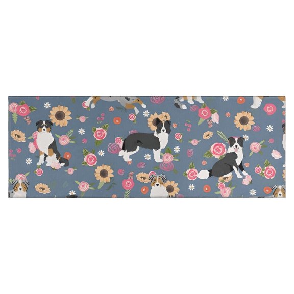 Border Collie Dog and Flower Florals Kitchen Rug Mat,Kitchen Runner Rugs Non Skid Washable,Decorative Kitchen Floor Mats for Kitchen,Sink,Laundry,17"X47"