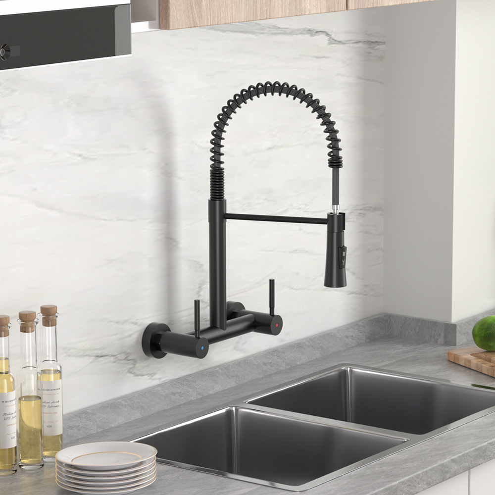 Wall Mount Kitchen Faucet 2 Handles, 8 Inch Center Wall Commercial Utility Sink Faucet with Pull Out Sprayer 2 Modes, Stainless Steel, Matte Black