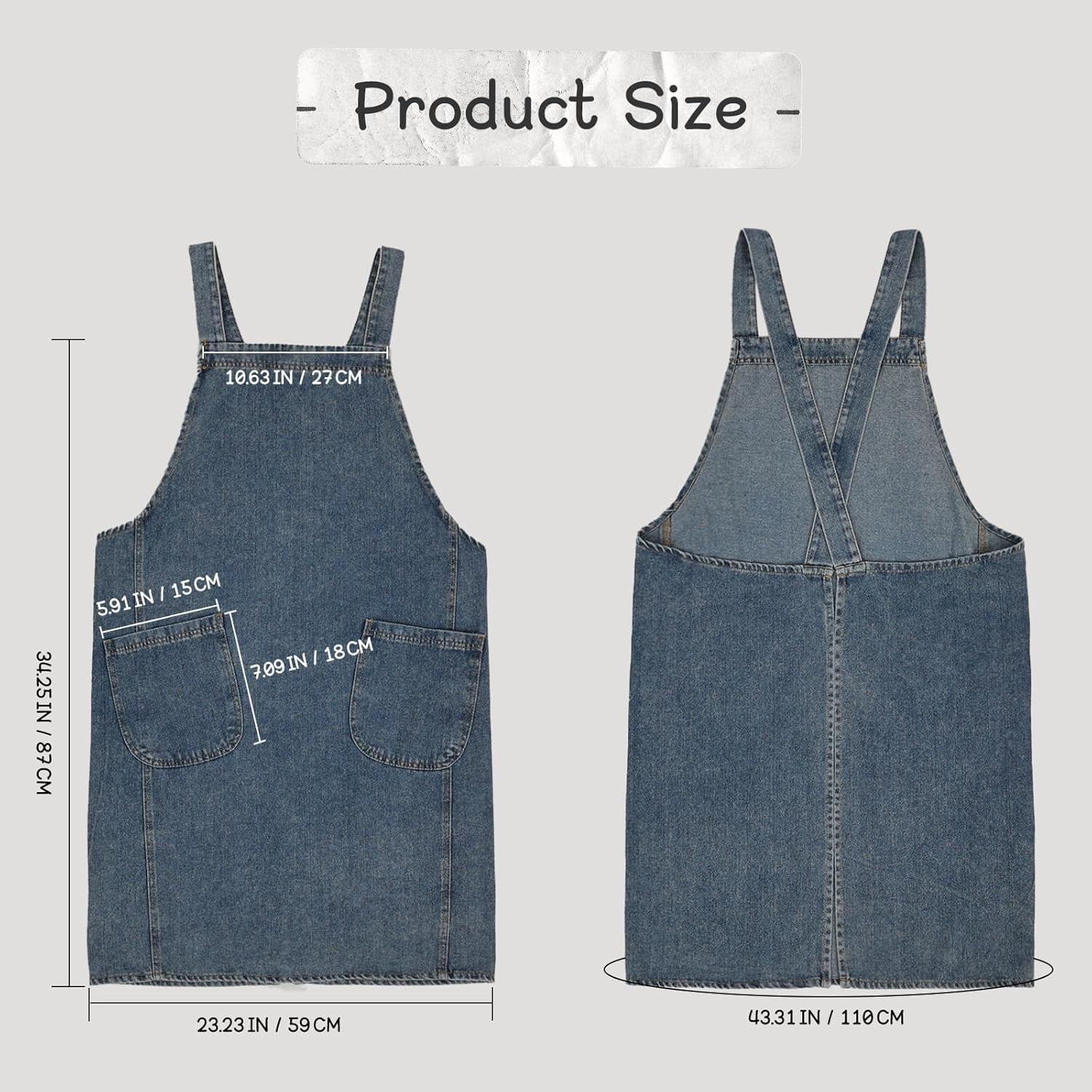 Cotton Denim Apron With 2 Pockets, Cross Back Aprons for Women Men, Bib Jean Kitchen Apron for Arts Cafe Work