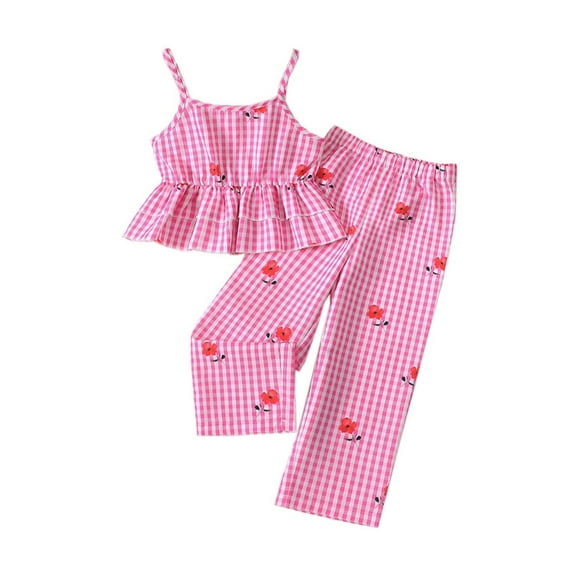 Toddler Girls Outfit Sets Flower Print Plaid Sleeveless Tops And Long Pants Set Summer Beach Vacation Sweet Clothes For Kids Girl Outfit Sets,2Piece,3 -4 Years