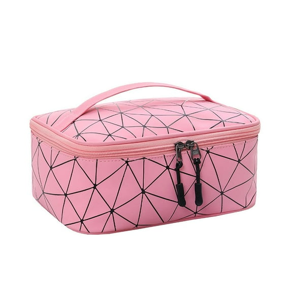 Large Retro Nylon Simple Fashion Lattice Waterproof Cosmetic Bag Storage Bag Travel Toiletry Bag Makeup Case PINK