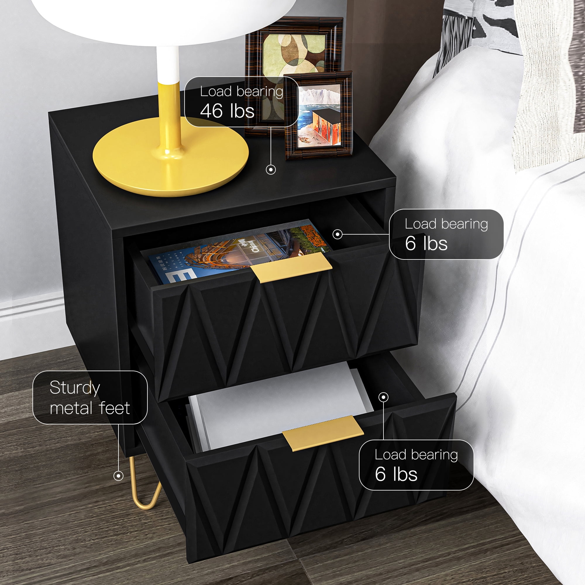 Resenkos 2-Piece Geometric Pattern Nightstands with Gold Hairpin Legs & Brass Handles, Modern Bedside Storage Cabinets for Bedroom, Black