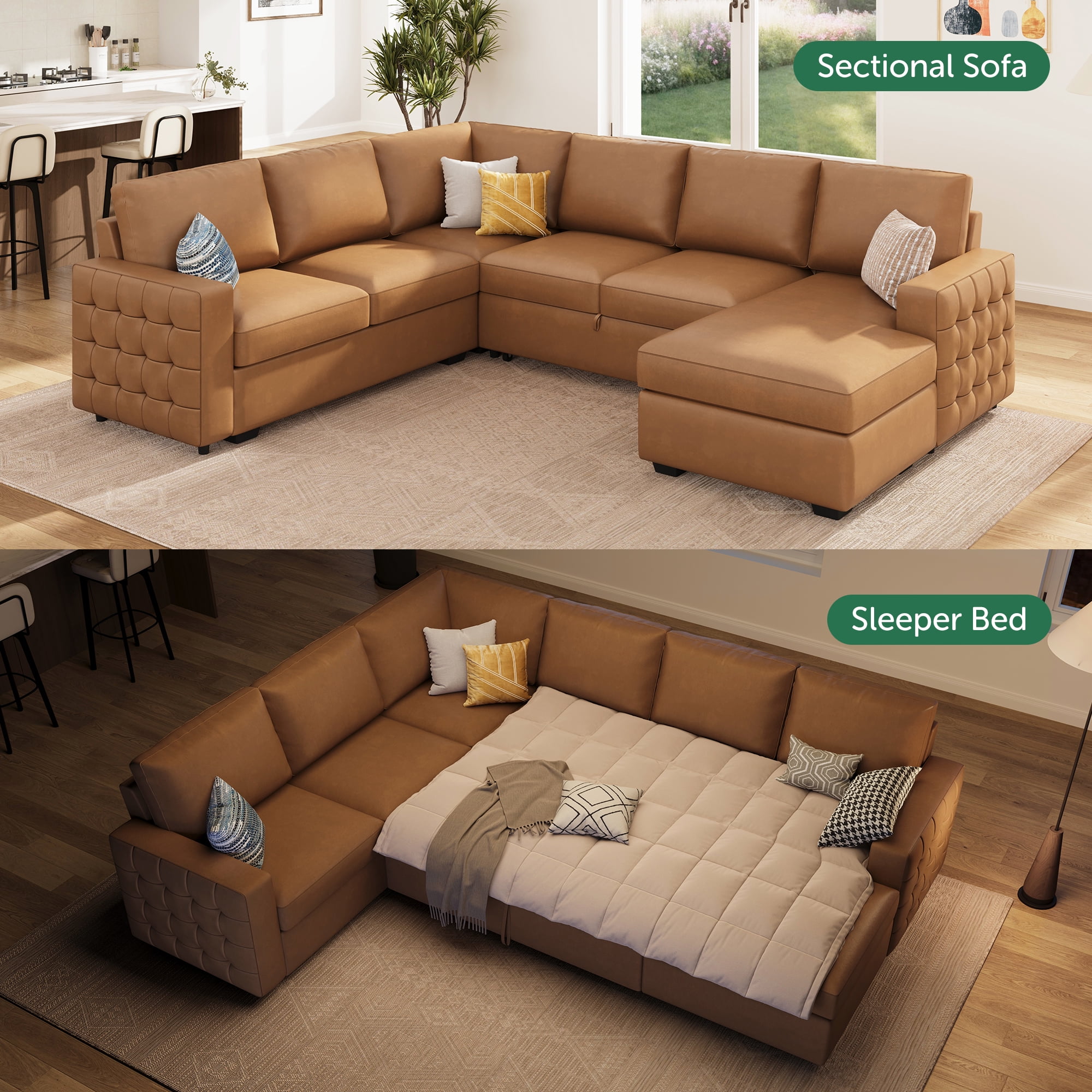 Marrber U Shaped Sectional Sleeper Sofa with Convertible Pull-Out Sofa Bed and Storage Chaise for Living Room, Faux Leather Brown
