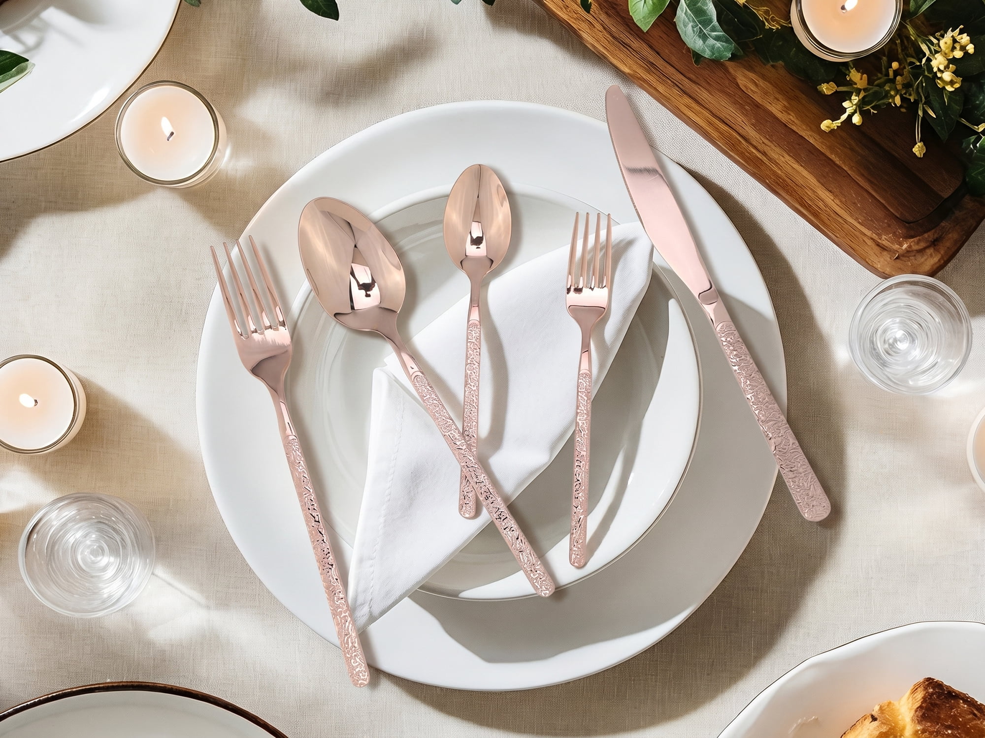 Unique Bargains 20 Piece Stainless Steel Flatware Set with Texture and Mirror Rose Gold