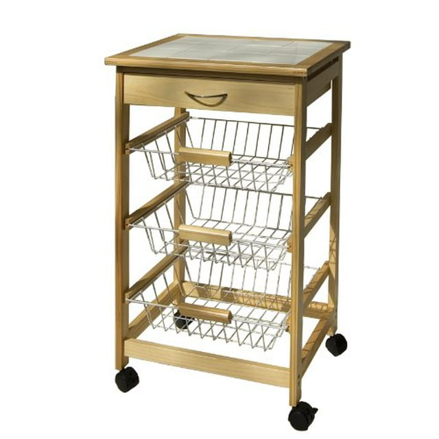 Organize It All Mobile Kitchen Utility Cart with Wire Drawers (Natural Pinewood)
