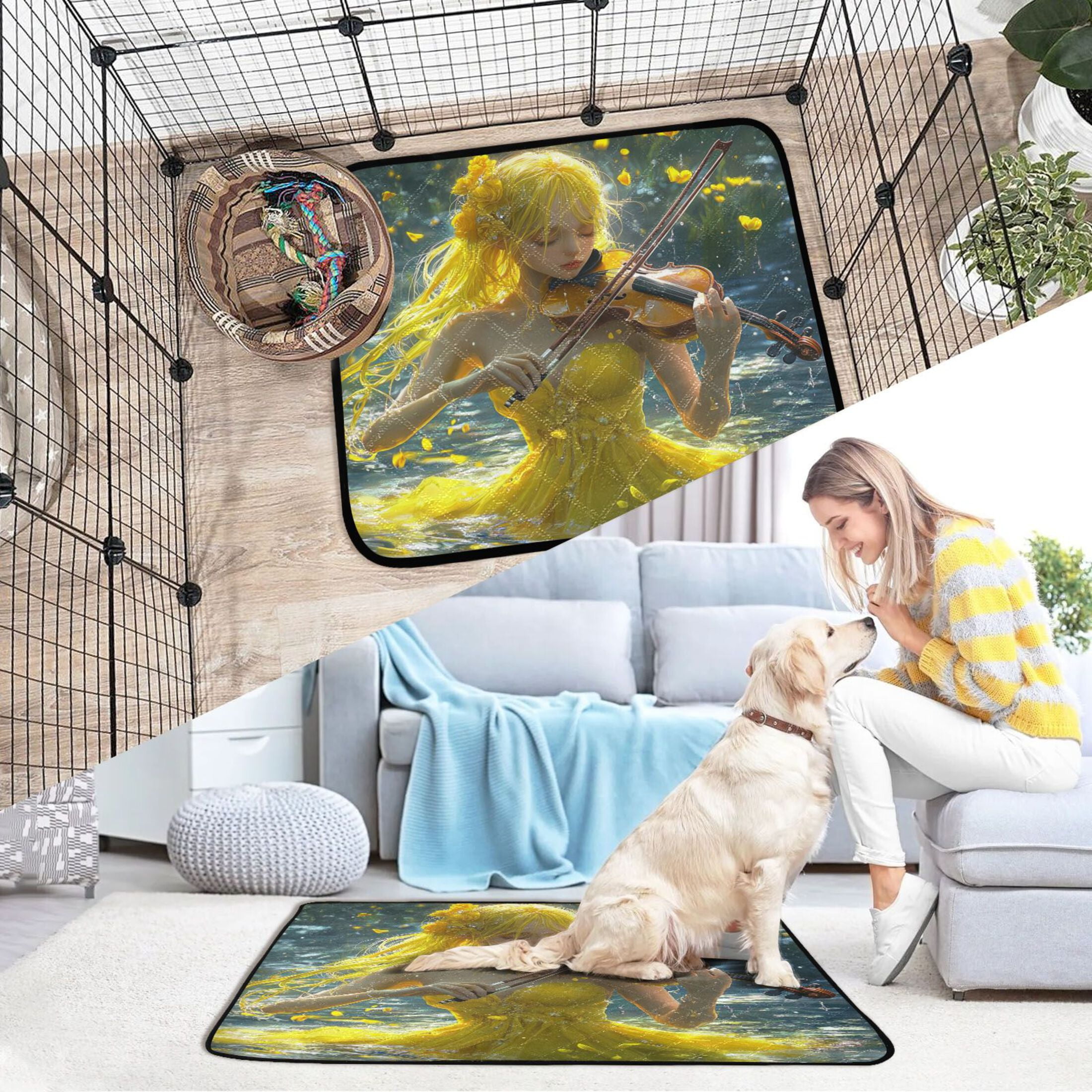 Qxltty Lass Playing Violin on The Water Cat litter Pads Pet Set of 3 Diaper Mats Center Anti-leakage Layer Absorbent Soft and Comfortable