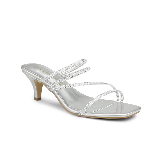 BLISSFUL STEP Sandale à Enfiler pour Femme à Brides Ornées de Strass, Bout Carré, Talon Kitten, Sandales à Enfiler Argent 9