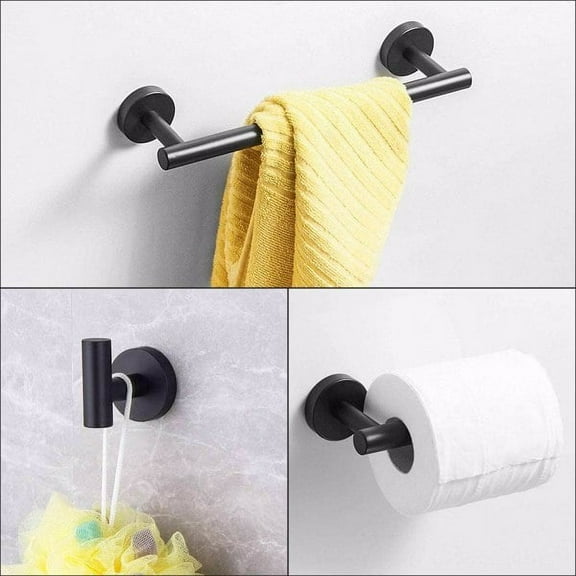 Matte Black Bathroom Hardware Set - 304 Stainless Steel Wall-Mounted Towel Bar, Toilet Paper Holder & Hook, Anti-Rust Organizer for Bathrooms