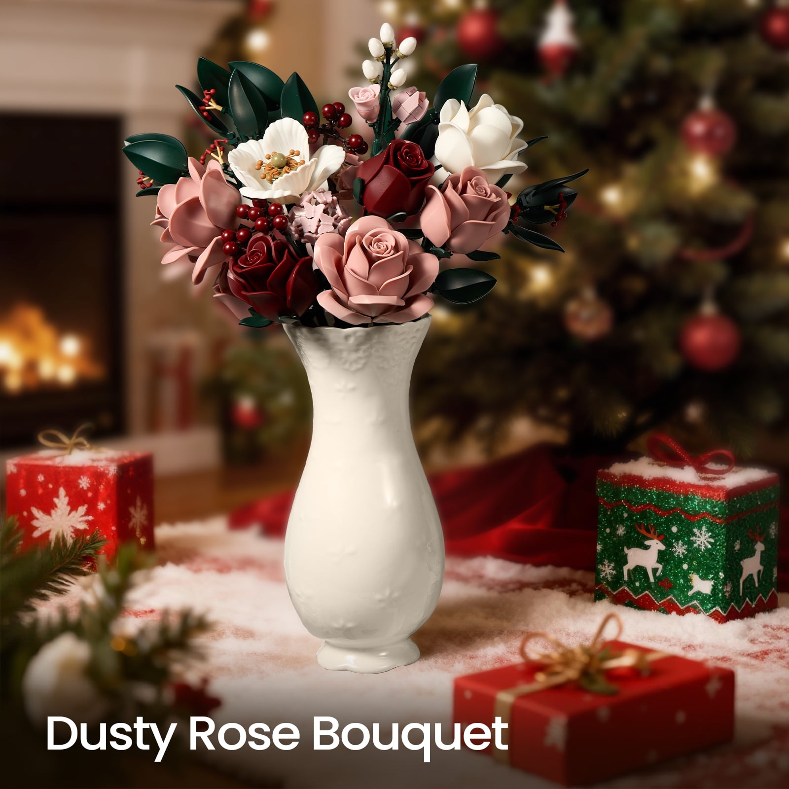 Pink Roses Flower Bouquet Building Set, Artificial Flowers Botanical Collection Kit for Adults Women & Men - Gift for Christmas, Home Room Office Shelf Centerpieces Decor