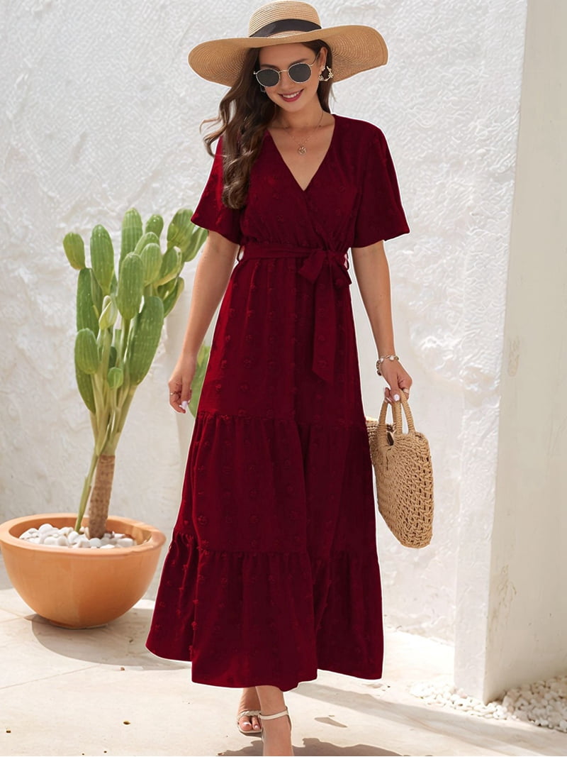 red short maxi dress Boho Dot Summer Maxi Dresses for Women Wrap V Neck Short Sleeve Long Flowy  Church Wedding Guest Dress Red L