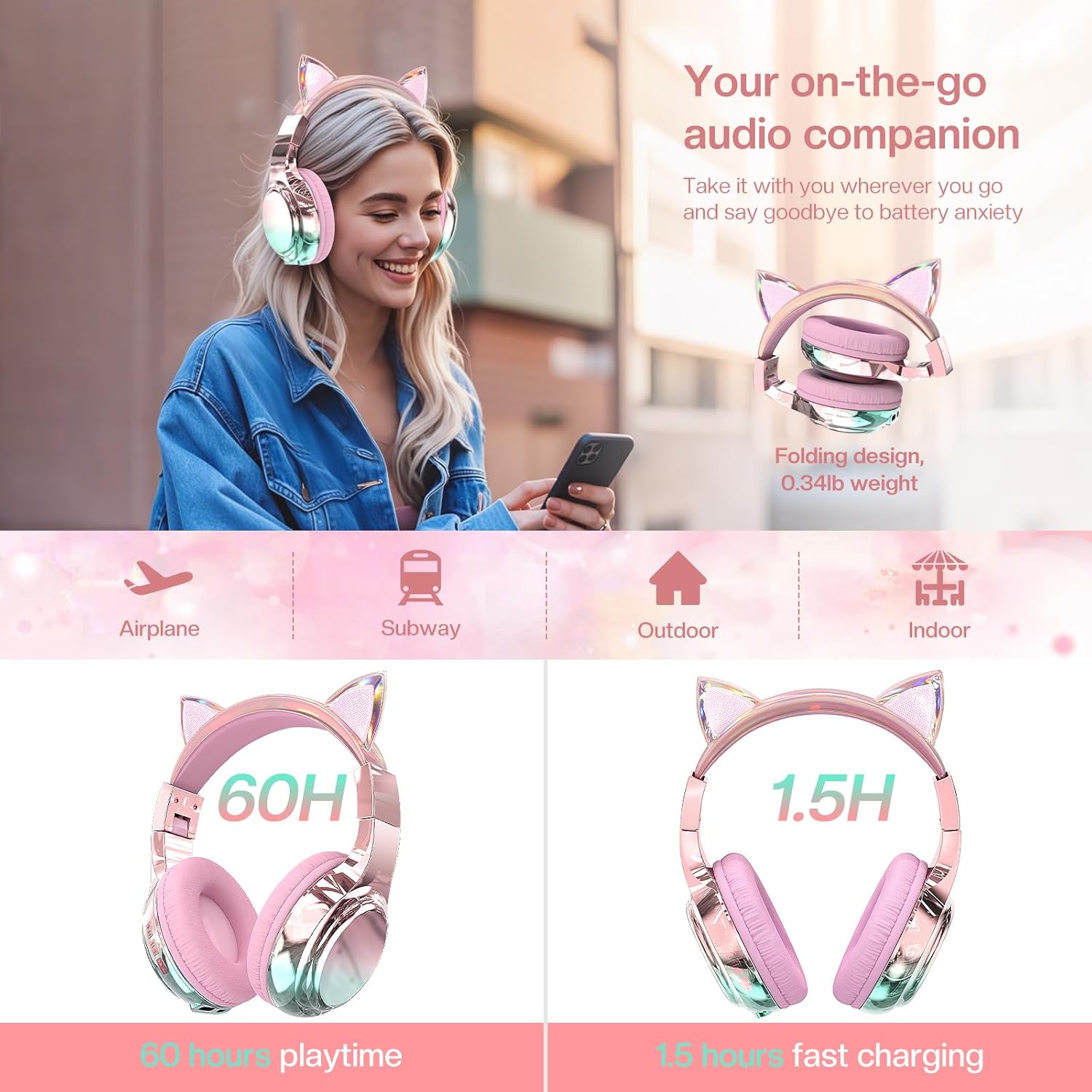 QearFun Cat Ear Kids Headphones, 60H Playtime, Pink photo 2