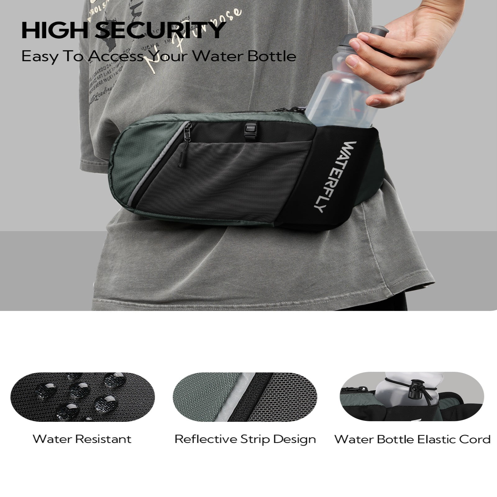 WATERFLY Unisex with Bottle Holder Walking Hiking Nylon Fanny Pack Waist Bag,Black Gray