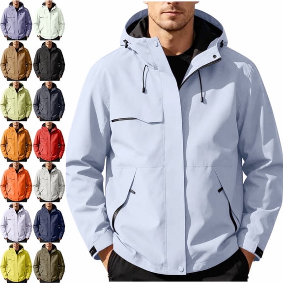 Zivyakyron Hiking Men's Rain Jacket Long Sleeve Sport Zip up Windbreaker Loose Jacket Solid Hooded Yellow 2XL