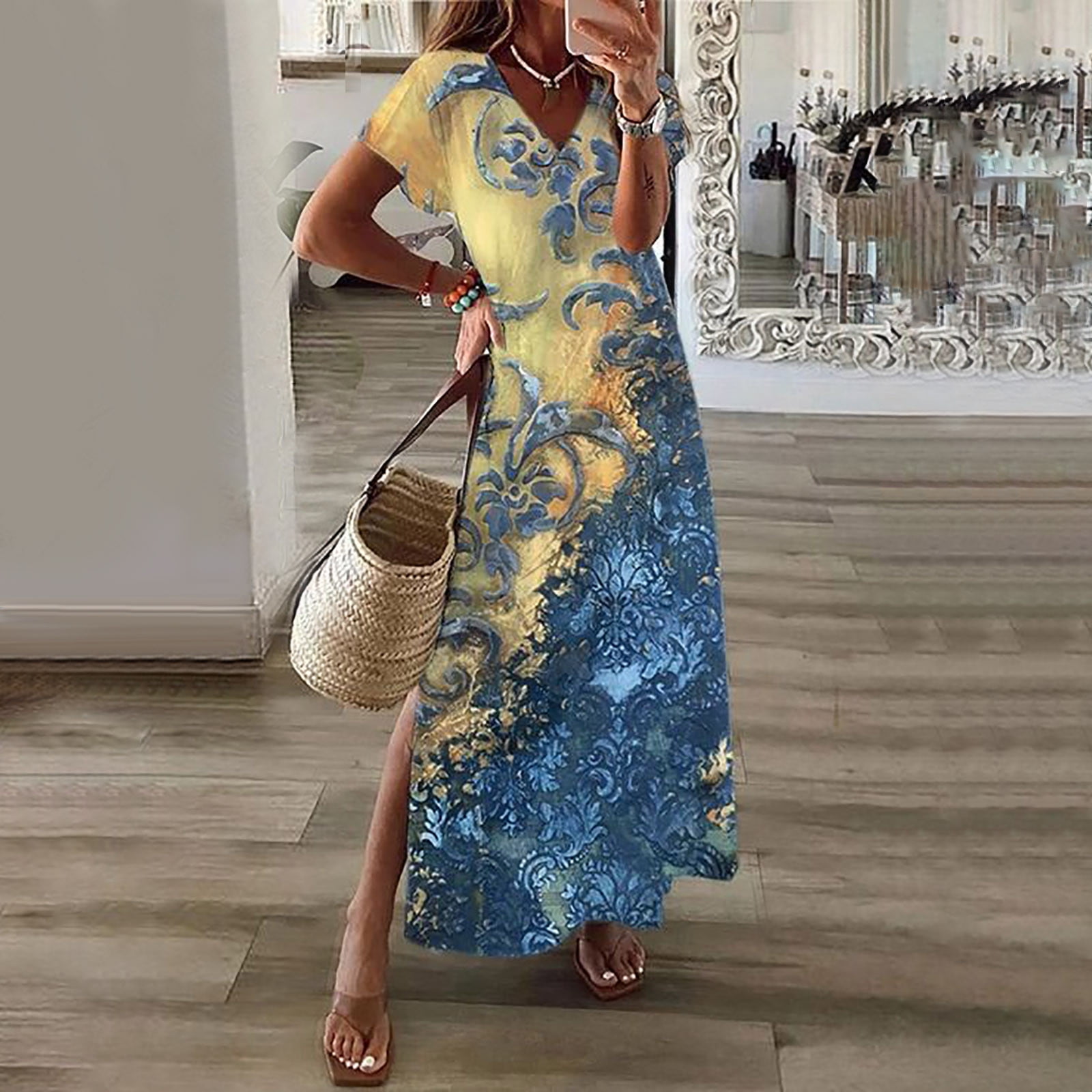Womens Dresses Clearance under $20 Women'S Boho Summer Printed Short Sleeve  Smocked Flowy Tiered Party Dress Beach Maxi Dress Blue Xxl A21792 -  Walmart.com