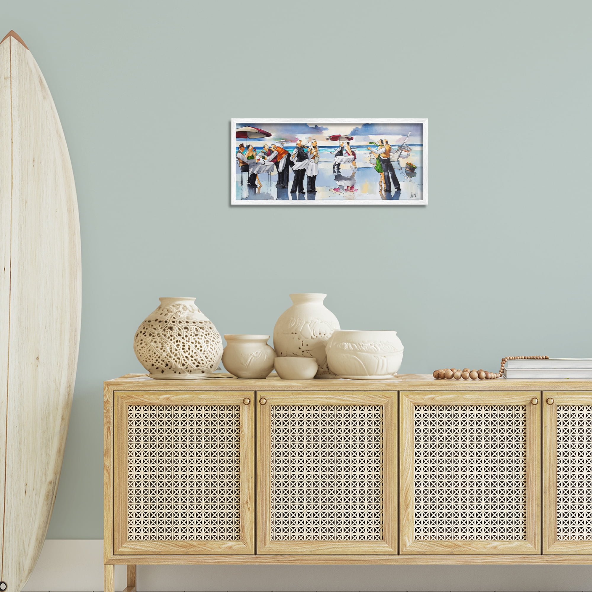 Stupell Industries Fancy Dinner on Beach Novelty Painting White Framed Art Print Wall Art, 24 x 10