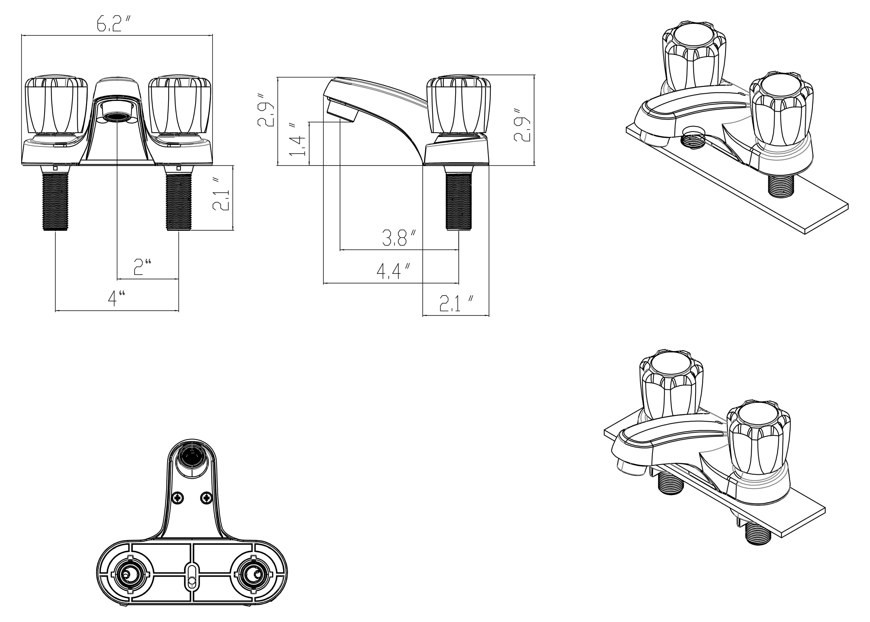 Non Metallic Double Handle Faucet with Washerless Cartridge and Chrome Finish