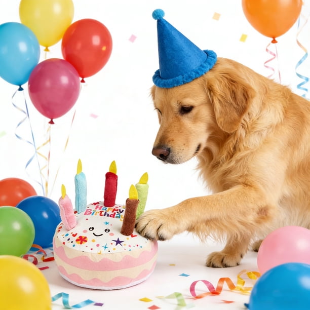 Este juguete de peluche con forma de pastel de cumpleaños que chirría para perros es perfecto como regalo de cumpleaños para tu perro.
