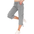 thumbnail image 4 of Capri Pants Women's Summer Solid Color Pocket Drawstring Slacks Capri Pants Pocket Cargo Pants Solid Mid Calf Grey XXXL, 4 of 7
