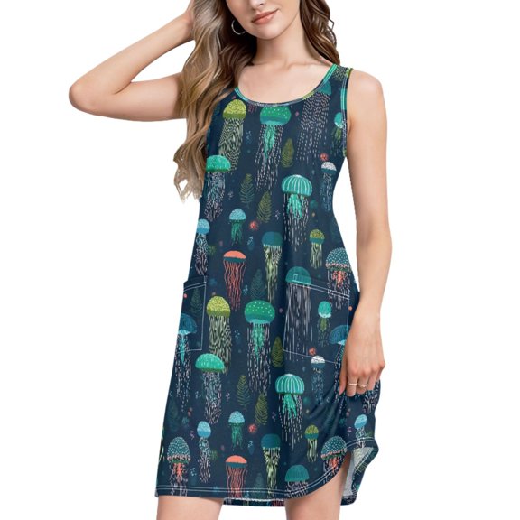 FORMRS Summer Dress for Women Loose U Neck Sleeveless Midi Beach Sundresses with Pockets, Green Jellyfish Pattern
