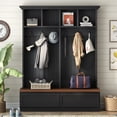thumbnail image 3 of Youmumeub Entryway Organizer & Hall Tree with Coat Rack, 76" Tall Mudroom Furniture with Wood Bench, 2 Drawers & Cubbies, Black & Walnut MDF for Hallway, 3 of 18