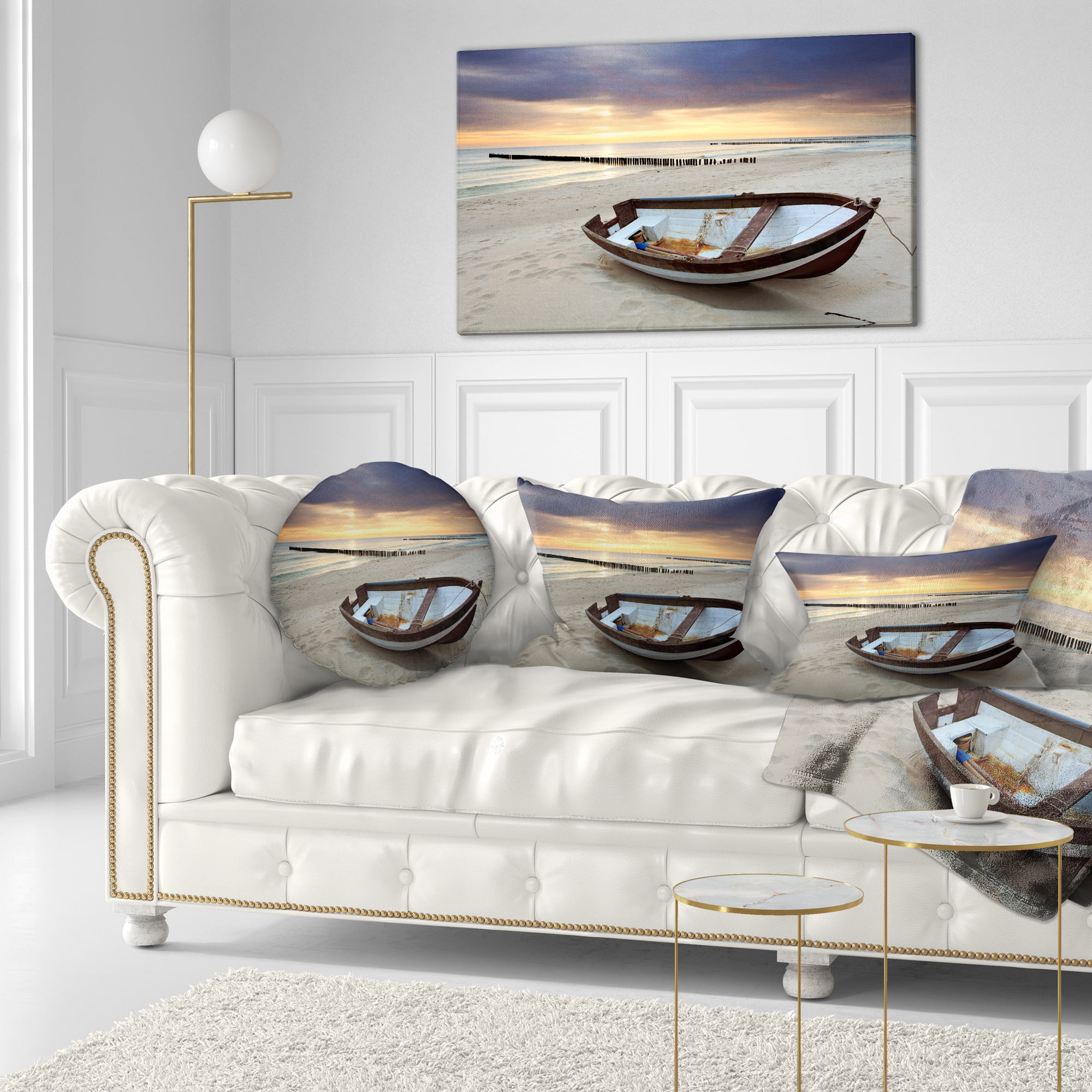Designart Boat on Beautiful Sunrise Seashore - Beach Throw Pillow - 12x20