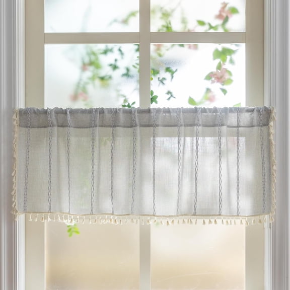 Boho Curtains Valance for Cafe Windows, Bohemian Short Curtains Light Filtering Linen Country Vintage Tassels Window Treatment Embroidery Drape, Rod Pocket 1 Panel 52" W x 18" L, Light Grey
