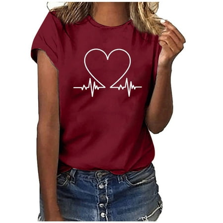 JGGSPWM Heart Beat Printing Short Sleeve Tshirts Fashion Graphic Tees Blouse Crewneck Casual Loose Tunic Cute Valentines Tops Funny Summer Shirts for Women Wine XL