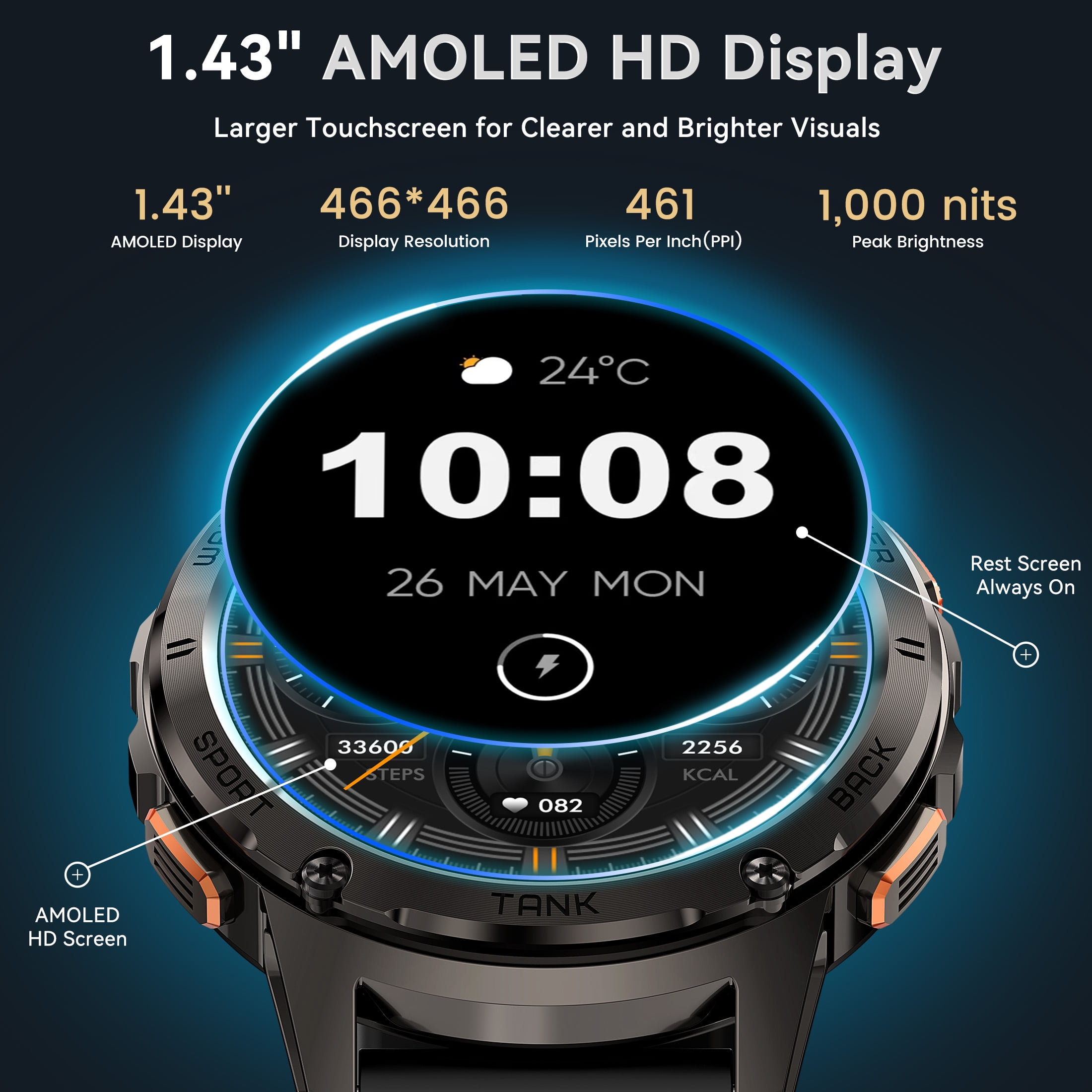 Smart Watch for Android and iPhone 1.43" AMOLED Display Smartwatch for Men Women 170 Sports Modes Fitness Tracker with 50M Waterproof