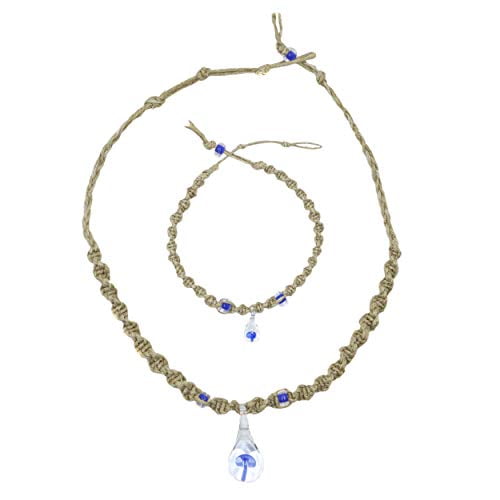 Fablinks Mushroom Glass Pendant Hemp Choker and Hemp Anklet Set - Bohemian Jewelry Anklet Bracelet and Necklace Set - Braided Anklets for Women and Men - Psychedelic Mushroom Jewelry (Blue)