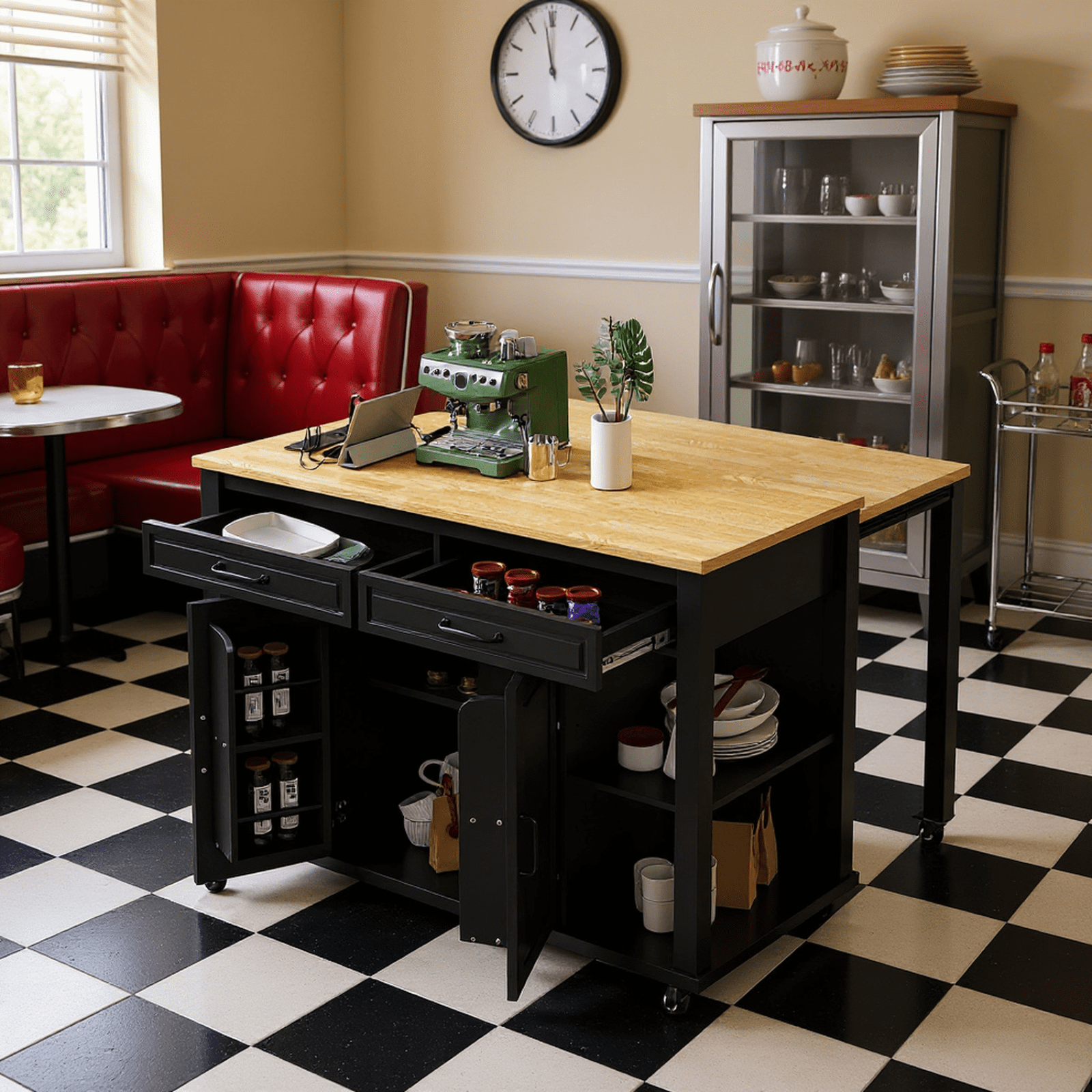 Homy Casa 47" Kitchen Island with Extendable Dining Table, Storage Cabinets, Drawers, Power Outlet, Black