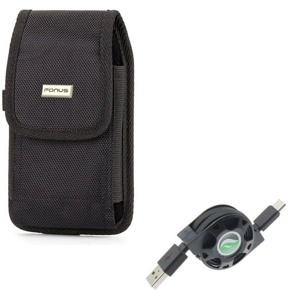Rugged Durable Canvas Case Holster Metal Belt Clip w Black Type-C Retractable USB Cable Charger Power Wire Sync X1X for Coolpad Legacy - Google Pixel XL 3a XL 3 XL 2 XL - HTC Bolt, U11
