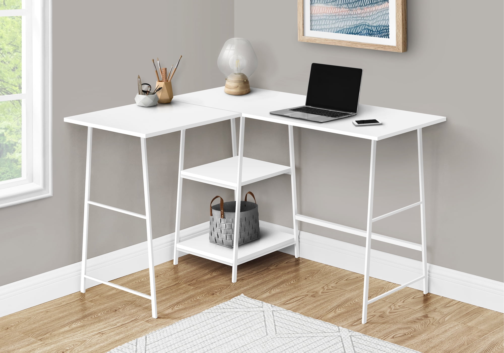 48 Inch White L Shaped Computer Desk with Open Shelves and Metal Frame