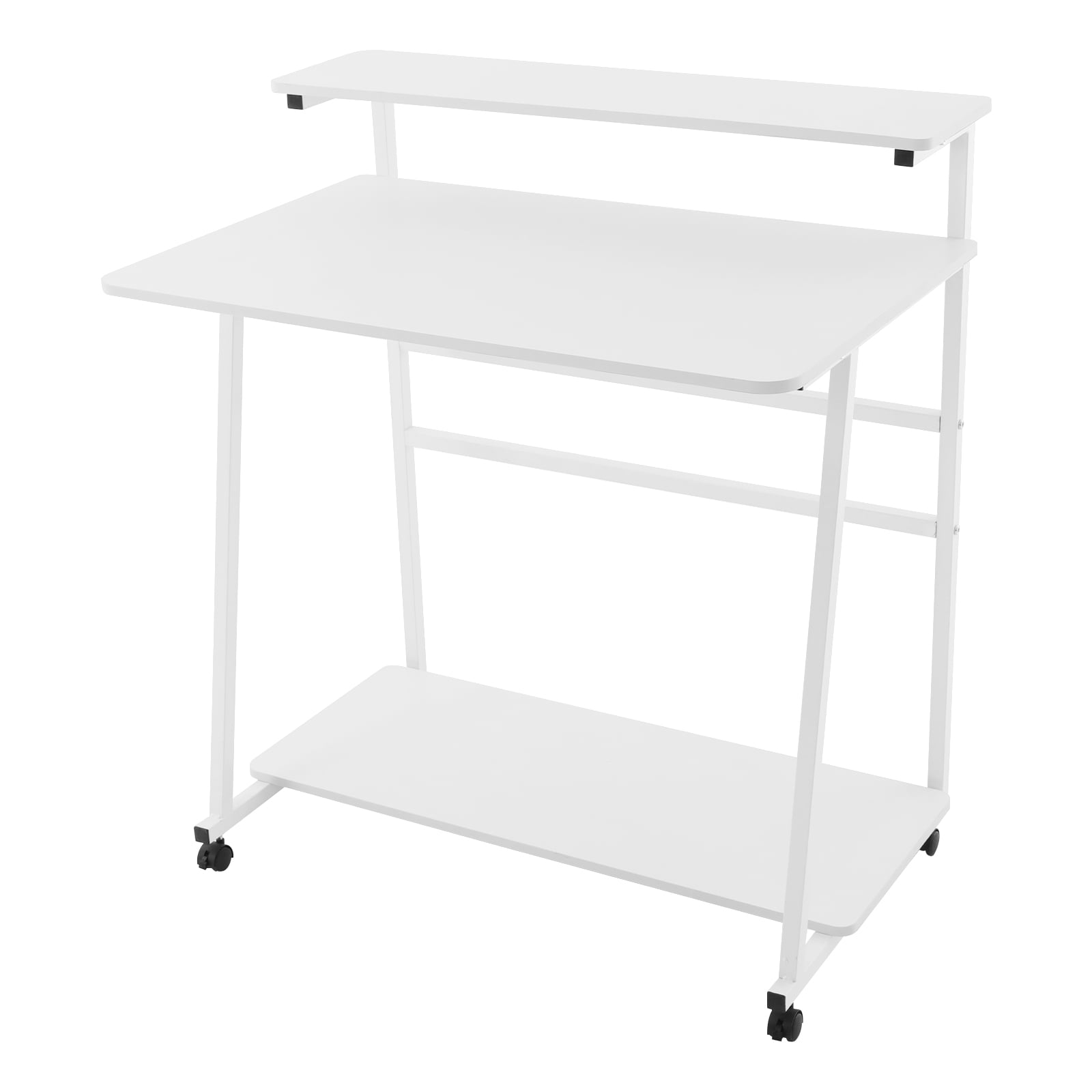 Free Standing Home Office Desk, Rolling 3-Tier Computer Desk (White)