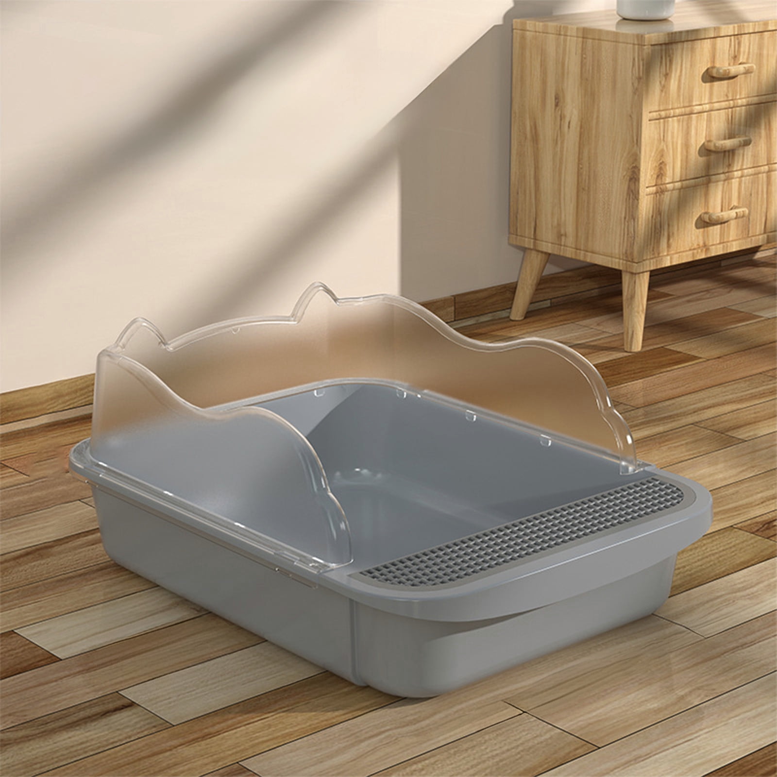 Semi Enclosed High Side Cat Litter Box with Splash Guard, Includes Litter Scoop and Hook, Large Plastic Tray for Indoor Cats, Leak Proof Design Easy to Clean