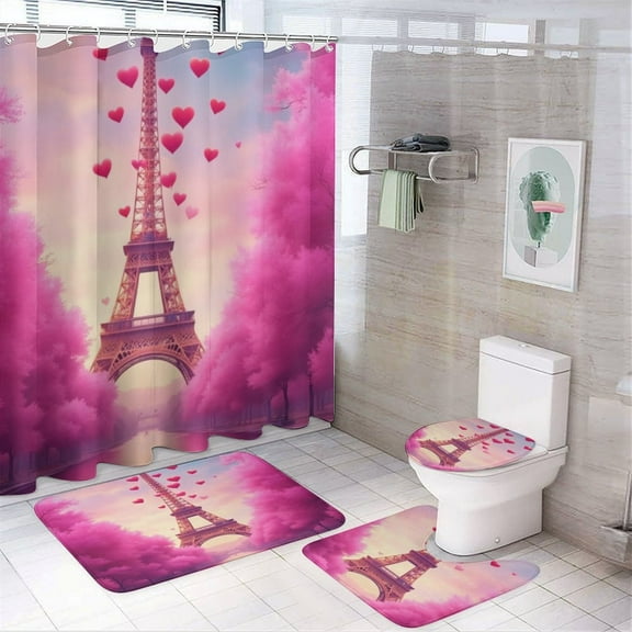 Pink Paris Love Scene Shower Curtain Set Modern Bathroom Decor Mats 4pcs Fabric Bathroom Curtain Slip Floor Rug Toilet Lid