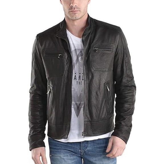 Mens Sheepskin Real Leather Jacket Zipper Biker Moto Slim Fit Jacket MJF043