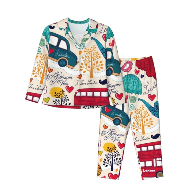 Balery London Symbols Conjunto de Pijama con Estampado para Mujer, Conjunto de Dos Piezas con Manga Larga, Ropa de Dormir Suave con Bolsillos, Pijamas Cómodos-Large