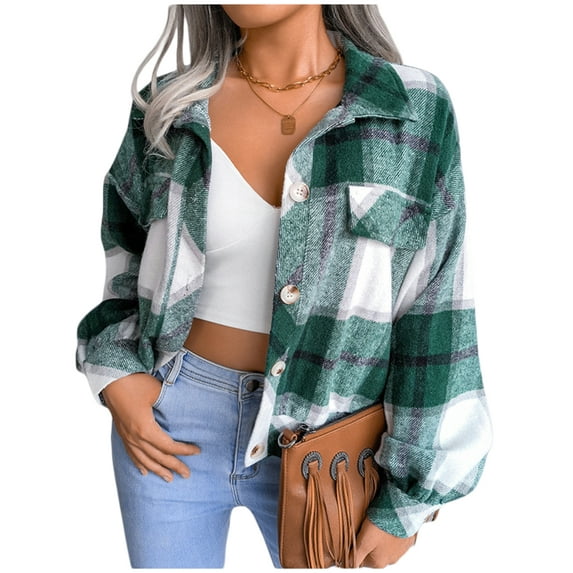 KOMOO Women Plaid Wool Jacket Button Color Block Lantern Sleeve Lapel Cardigan Coat