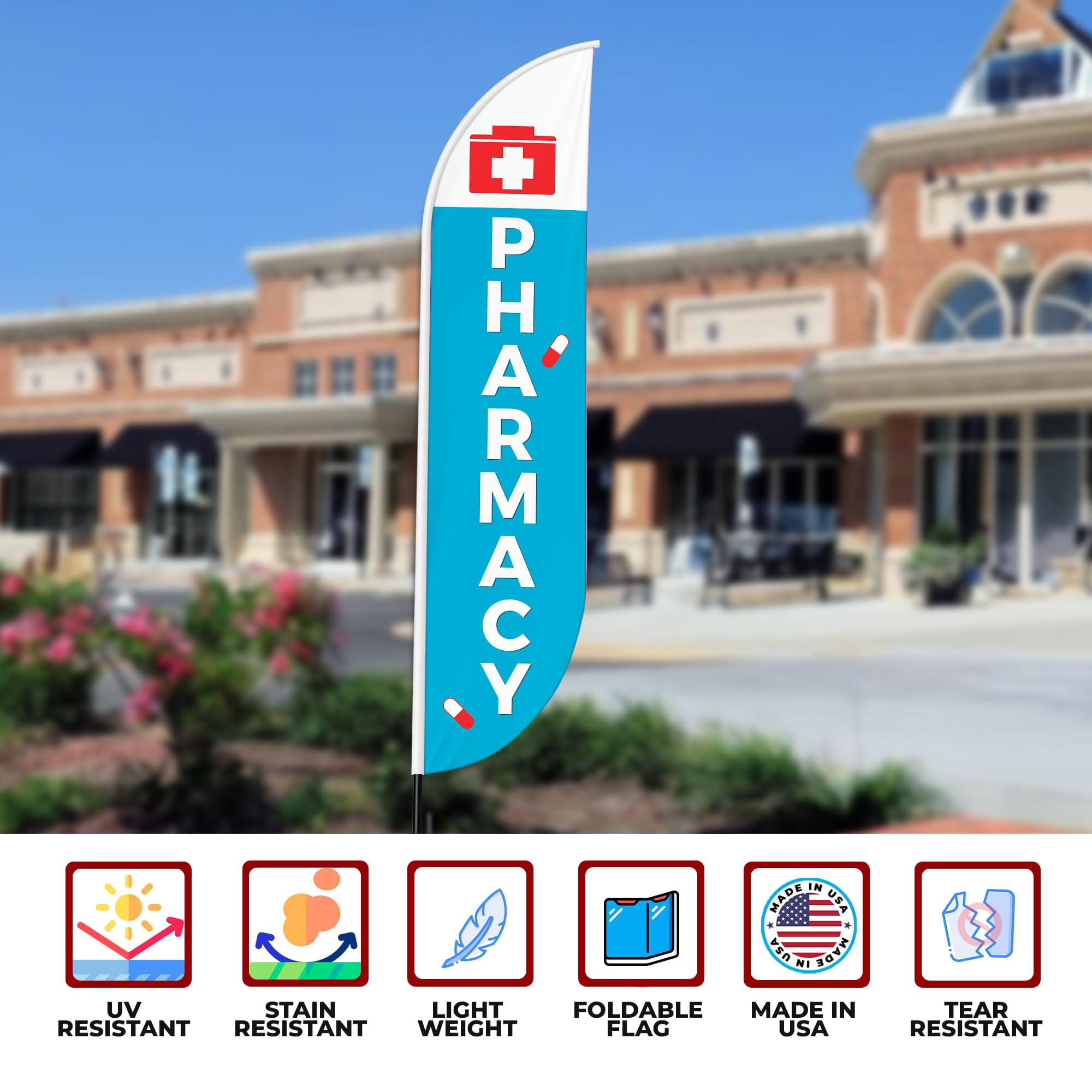 Pharmacy Sign feather flag for Outdoor by Mavis Print | 11.5 FEET Long Polyester Outdoor Banner Flag | HD Print Swooper I Flag Only to Promote Medicine| Made in USA I Flag Only