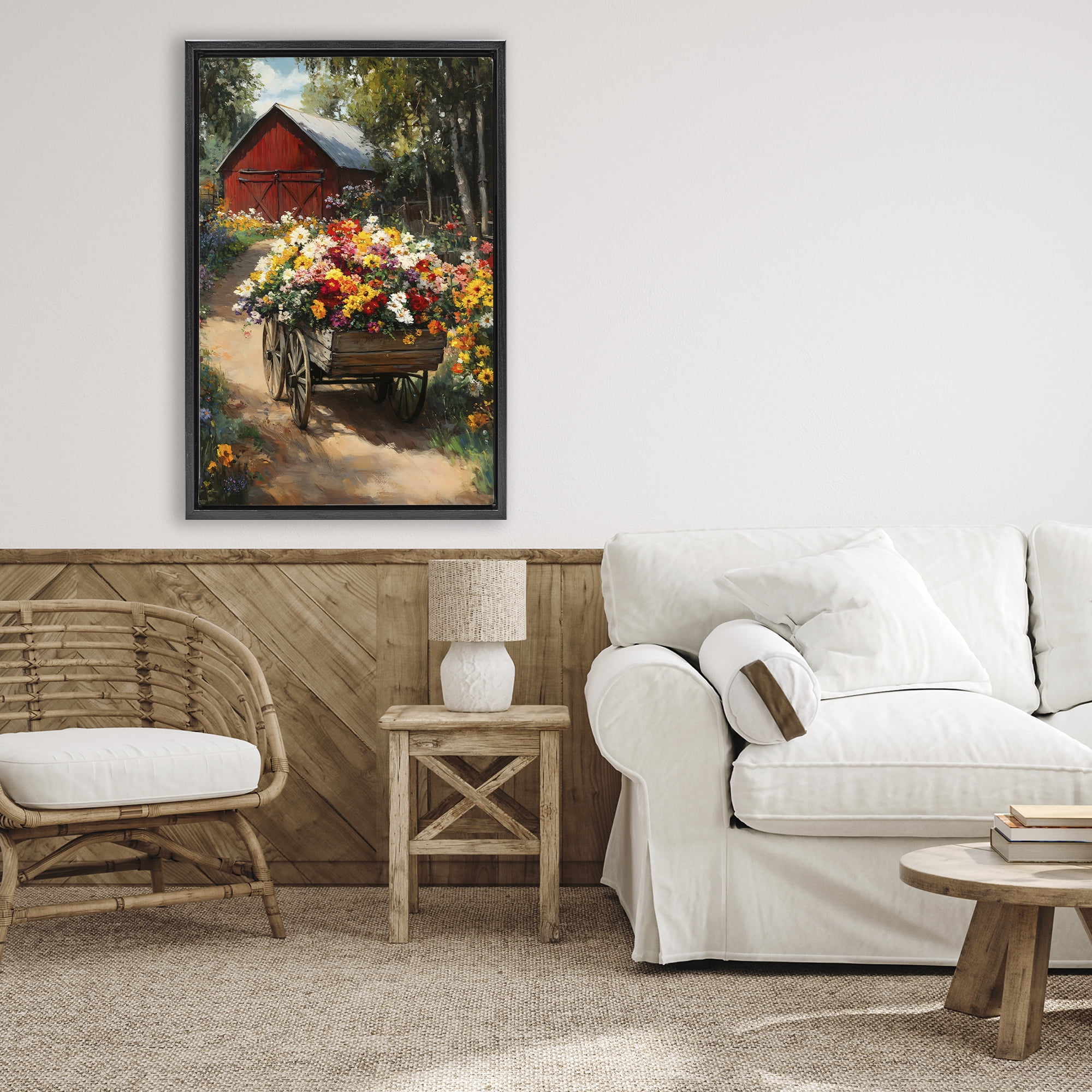 Stupell Industries Floral Wagon in Summer Garden Black Framed Floater Canvas Wall Art, design by Franklyn Gregory