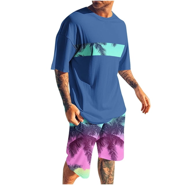 Mangas de Mano para Hombres, Impresión Hawaiana Suelta Casual, Pantalones Cortos Deportivos de Cintura Elástica Y Set de Blusa