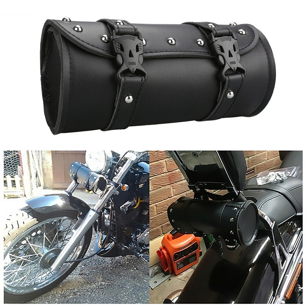 Motorcycle Bag Handlebar Bag Motorcycle Handlebar Waterproof Motorcycle Luggage PU Leather Saddle Bags Motorcycles,Roll Tool Bag with 2 Straps,Black 